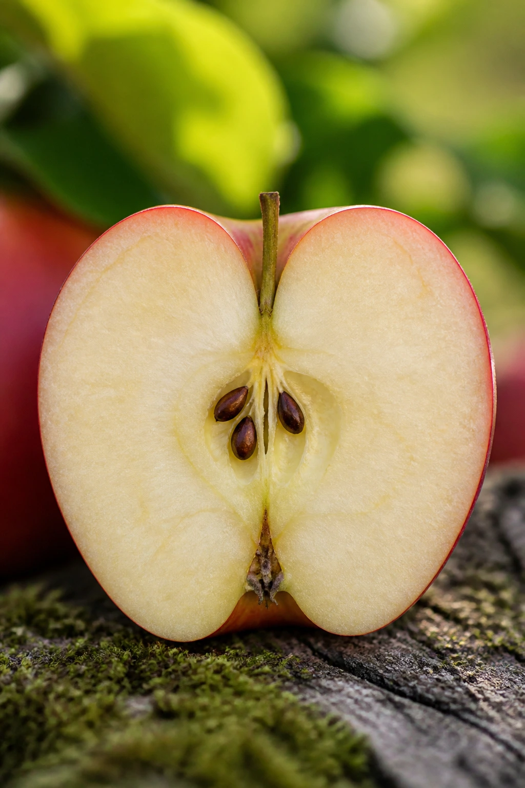 Apple half showing seeds inside, illustrating fruit origin and seed dispersal