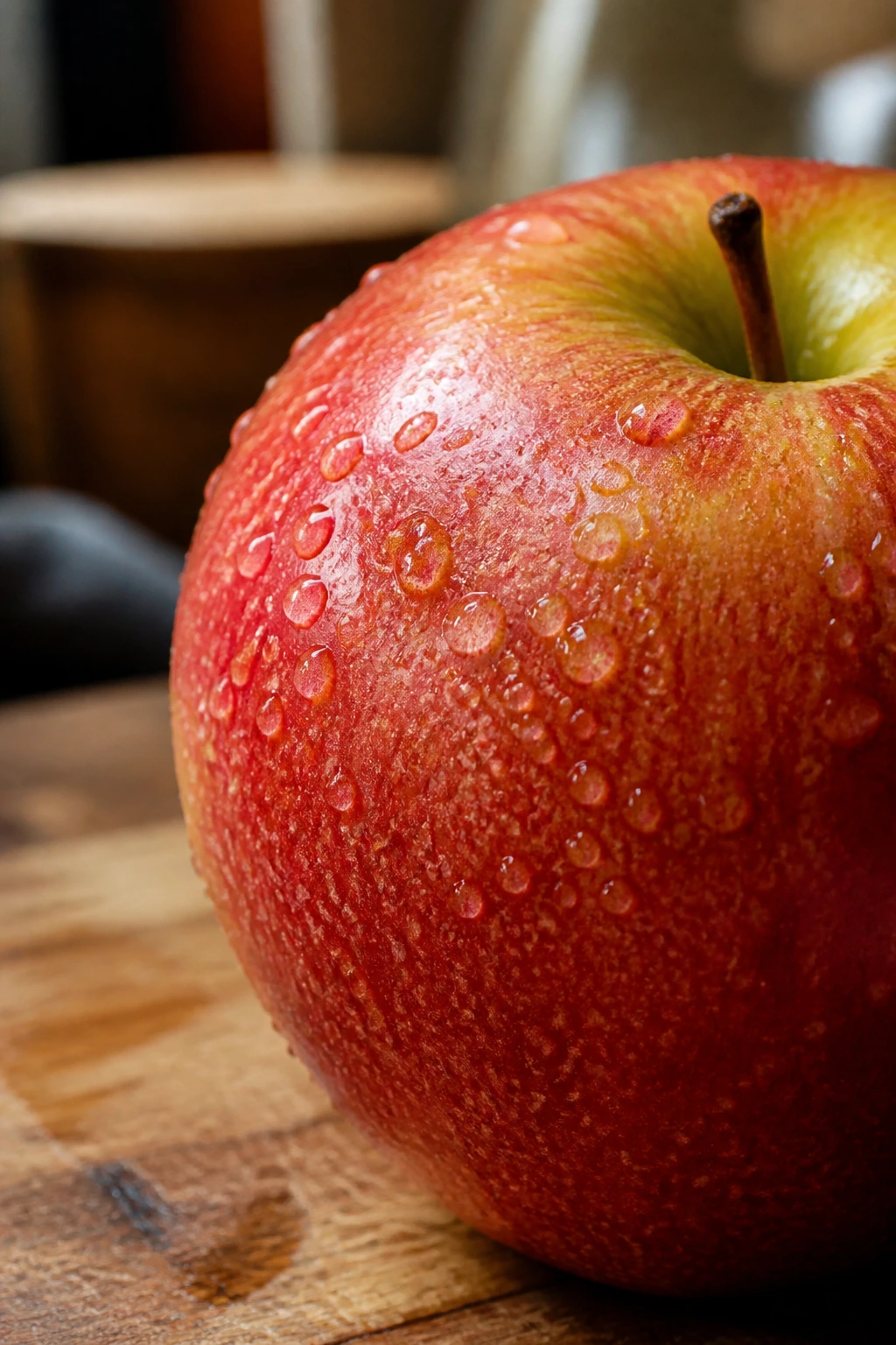 Close-up of glossy apple skin with water droplets in a kitchen