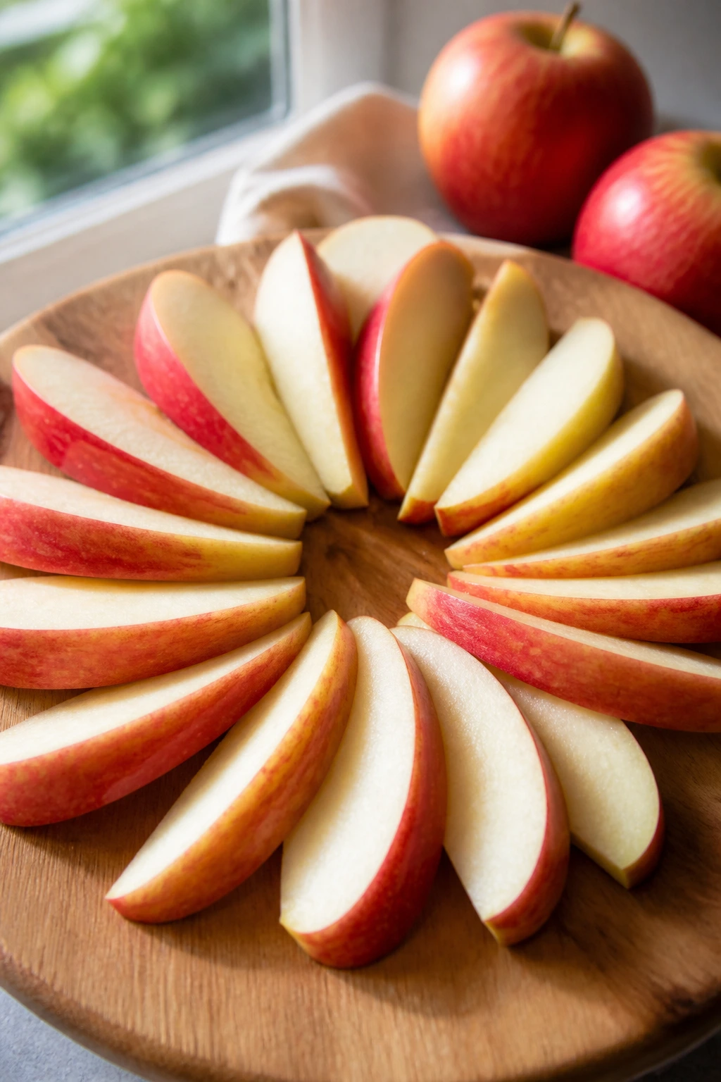 Apple slices arranged in a circle filling the frame on a cutting board