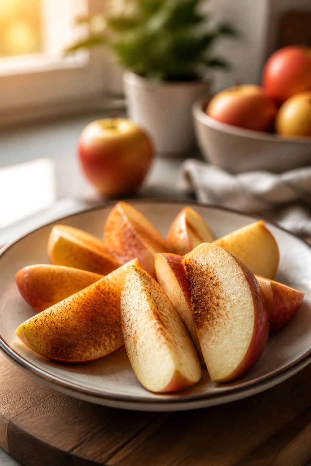 Is Eating Fruits At Night Good For Weight Loss? Find Out Now 8 Apple slices arranged on a plate with cinnamon in a warm kitchen
