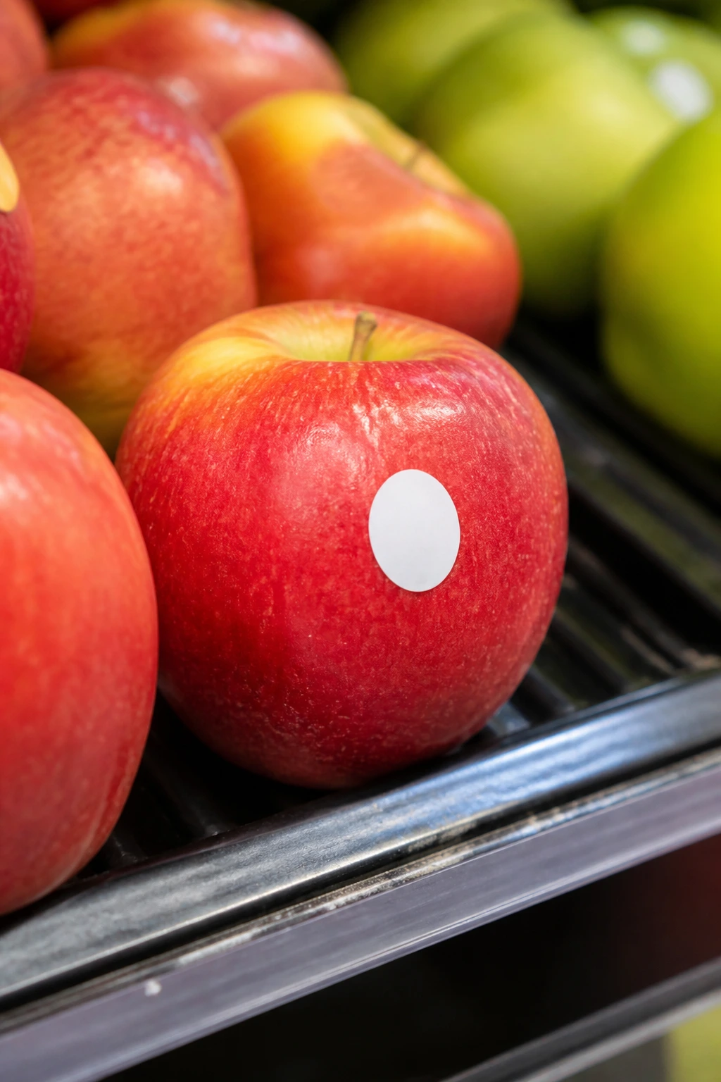 Understanding What Stickers on Fruits and Vegetables Mean 8 Close-up of an apple with a small blank sticker on its skin