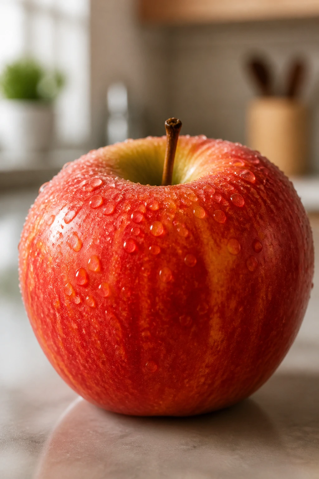 Apple with water droplets on skin in a kitchen setting.