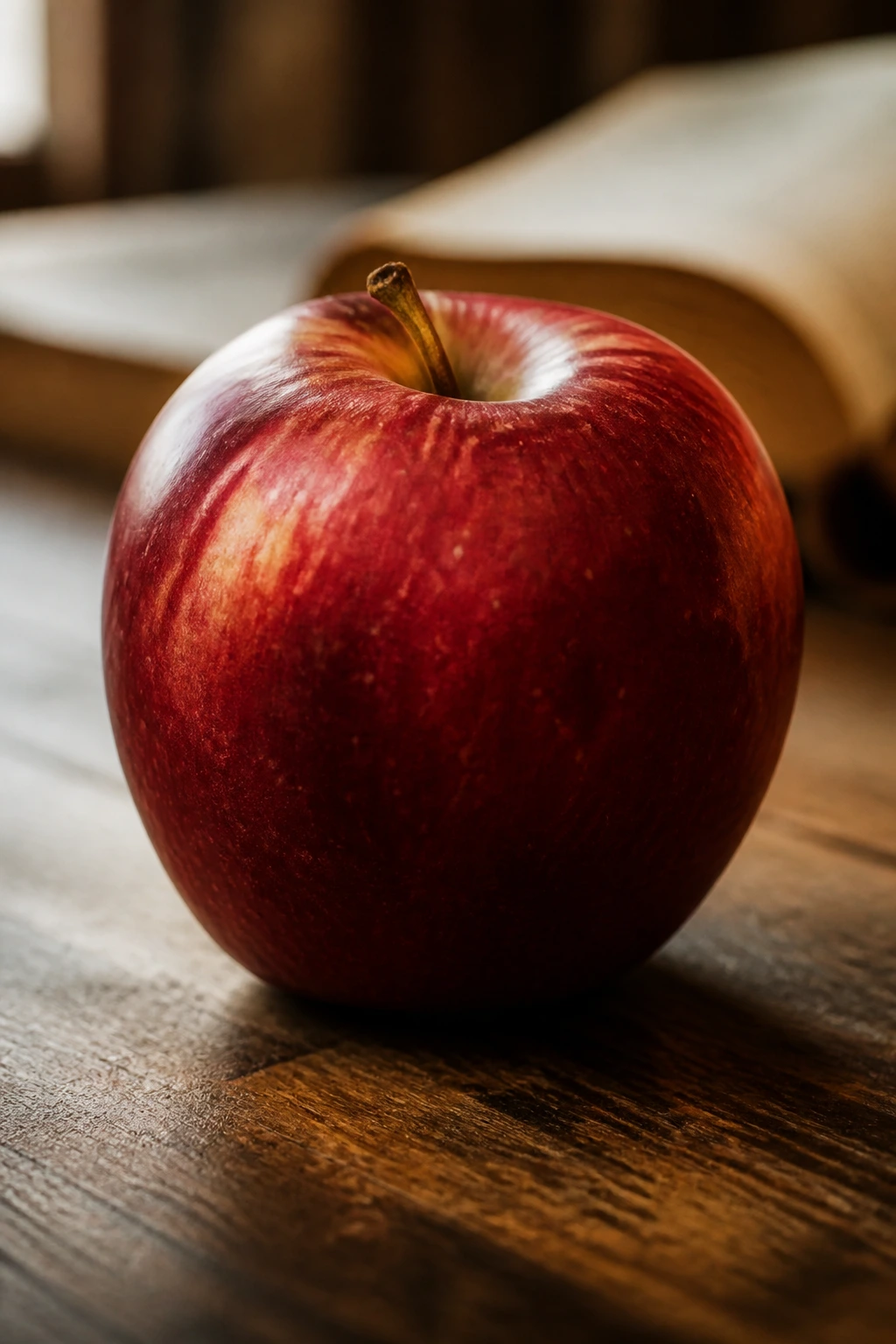 Close-up of a single red apple on a wooden surface with a blurred book background