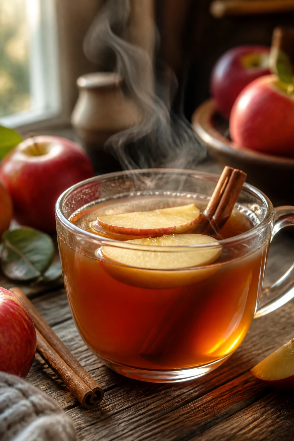 Close-up of a steaming cup of apple tea in a cozy autumn kitchen with apples and cinnamon nearby