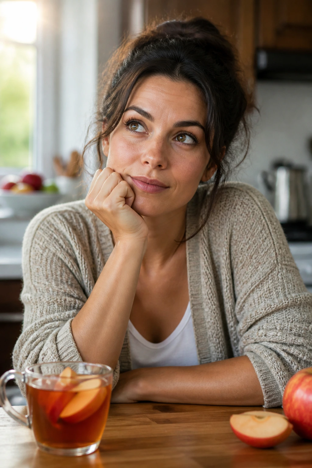 Close-up portrait of a real person in a cozy kitchen with apple tea, representing FAQs