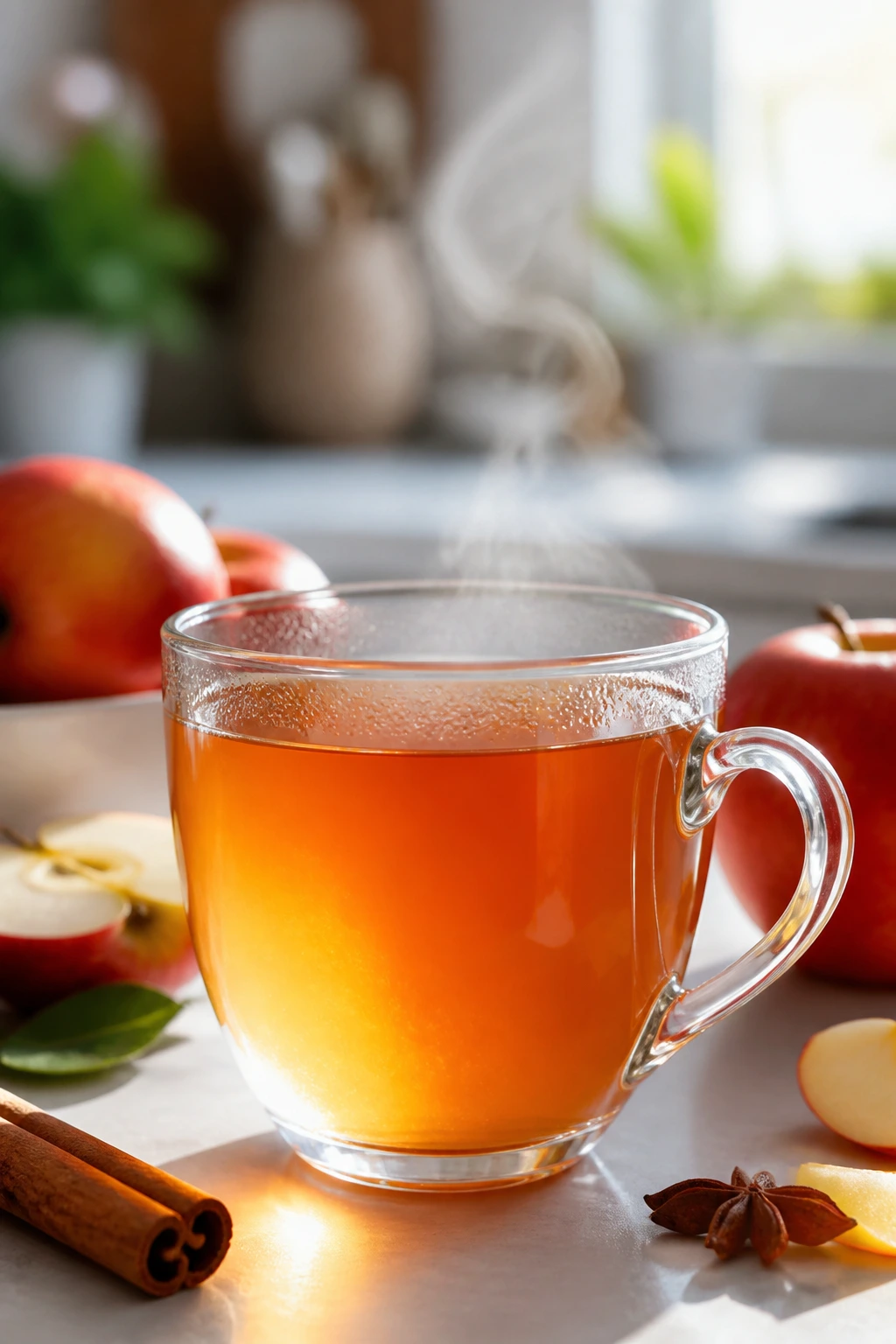 Bright close-up of a steaming apple tea cup in a sunny kitchen