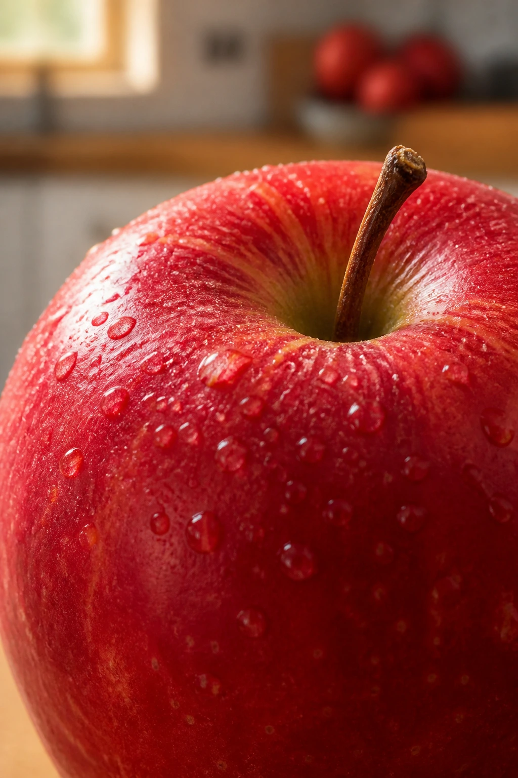 Close-up of a red apple with detailed skin texture filling the frame in a sunlit kitchen