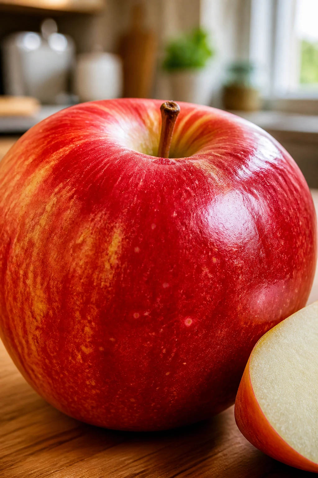 Close-up of a glossy red apple filling the frame on a kitchen counter.