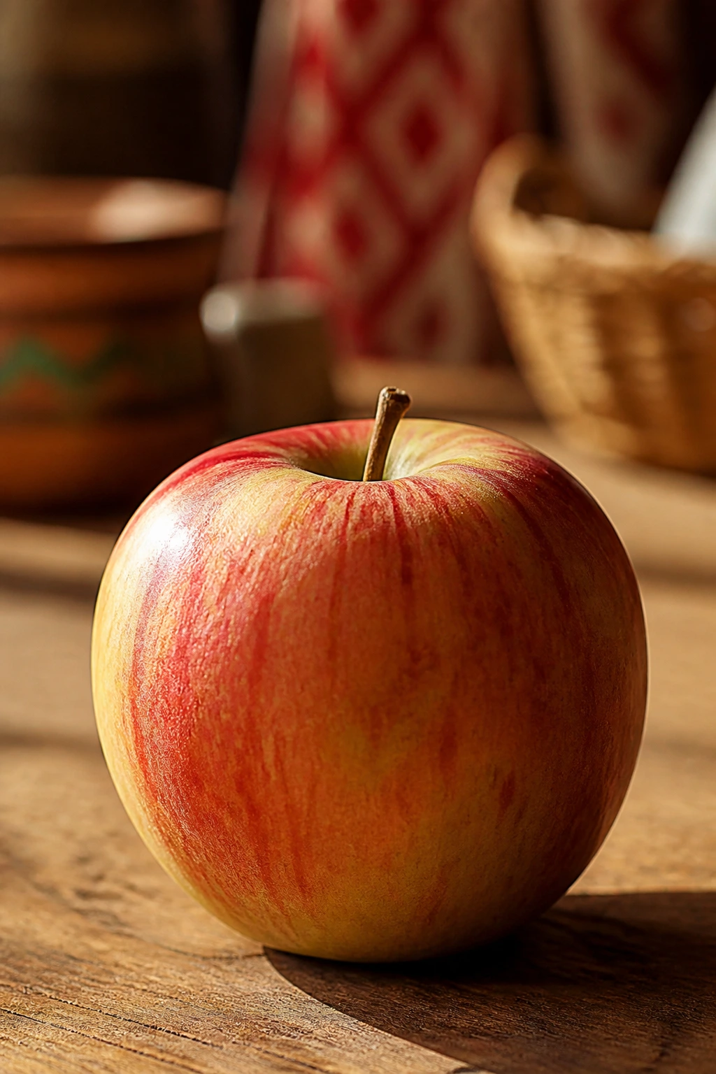 Single apple on rustic table with warm ambient light