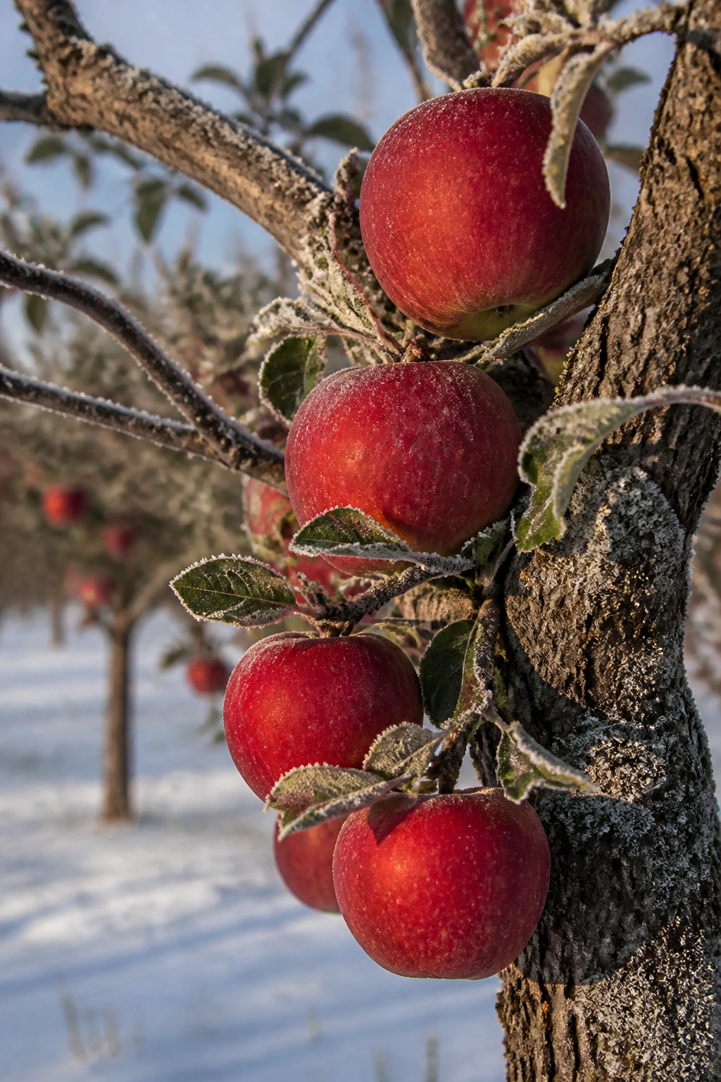 The Best Fruit Trees for Zone 3 1 Close-up of a hardy Haralson apple tree with red apples in a snowy orchard