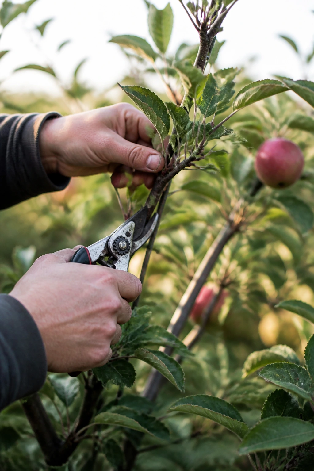 Hands pruning an apple tree branch in a garden