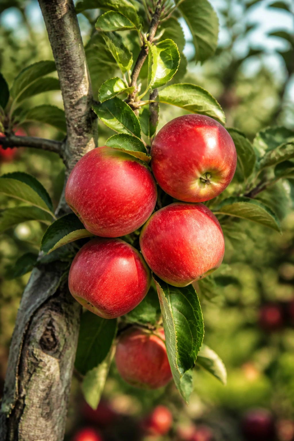 Close-up of ripe apples on an apple tree branch in a sunlit orchard (Malus domestica).