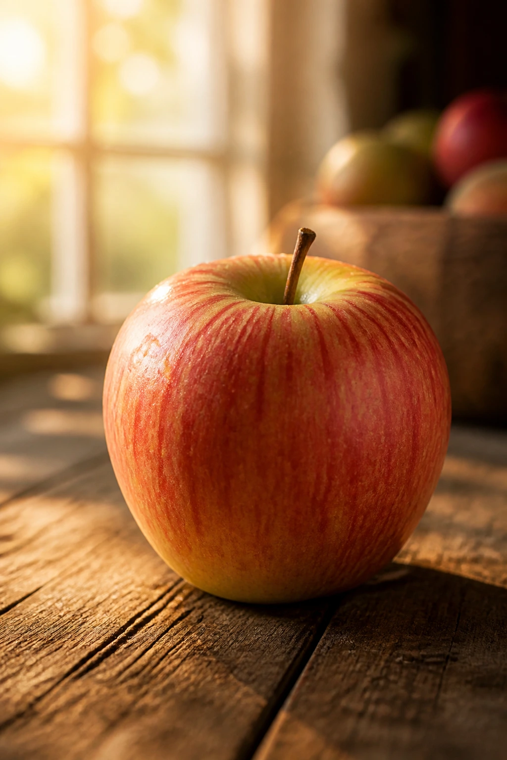 Single apple on weathered wood table in golden-hour light