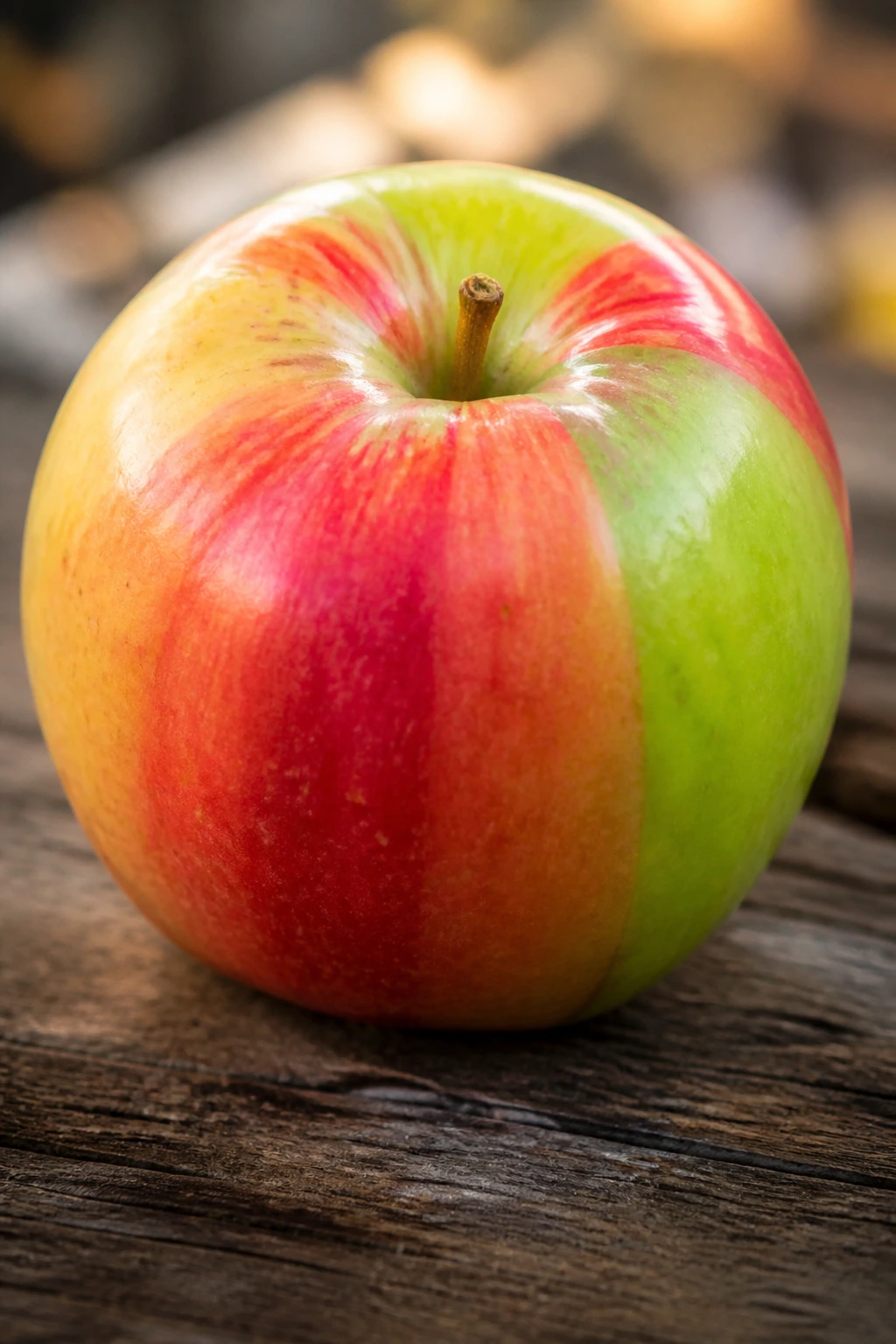 Multicolor apple highlighting varieties on a wooden surface