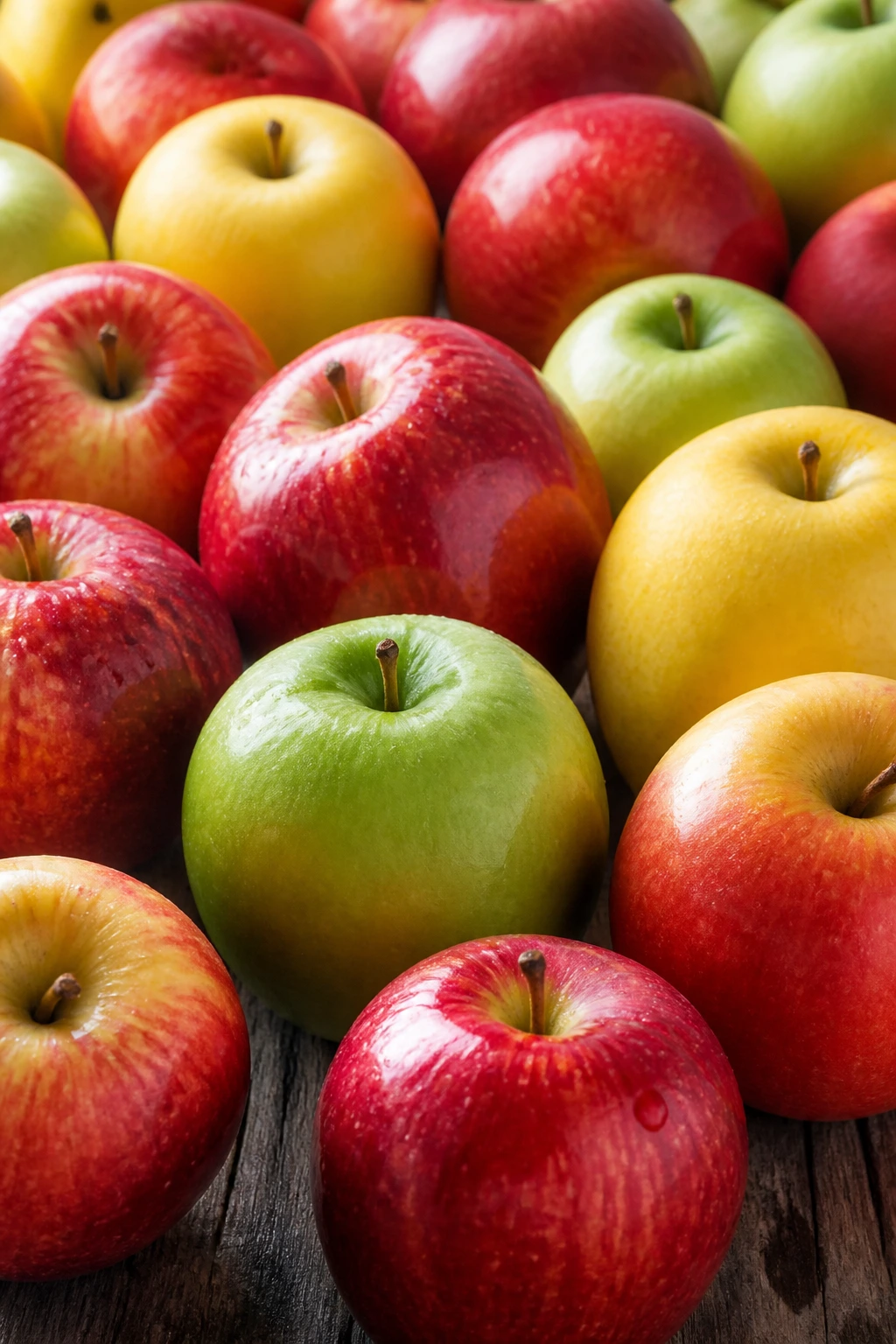 Cluster of mixed color apples filling the frame on a wooden surface