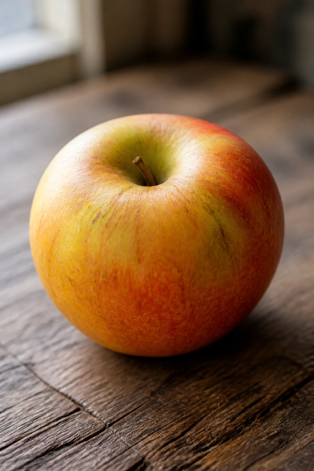 Close-up of a single Cox's Orange Pippin apple on wood