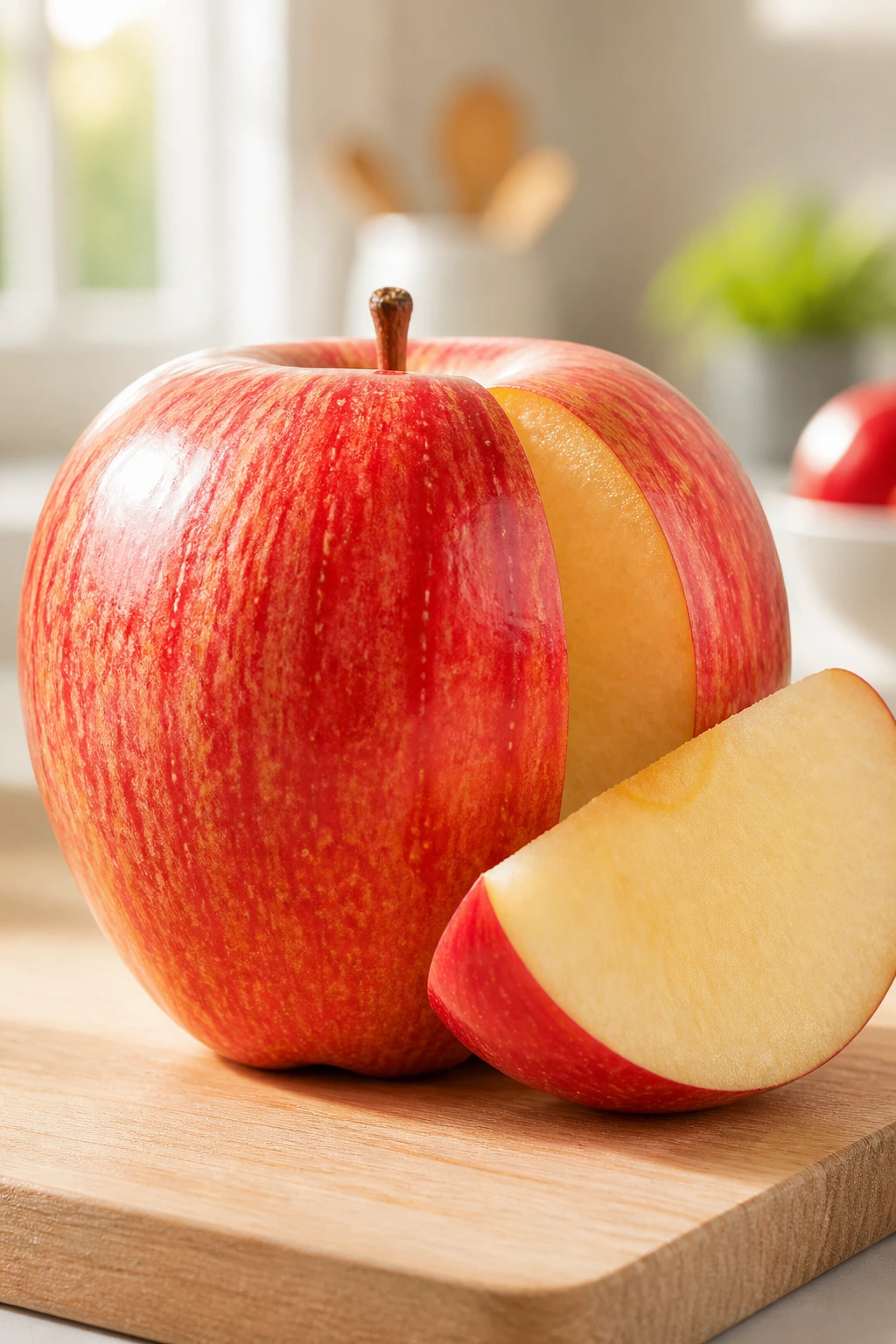 Apple with a wedge removed on cutting board in bright kitchen