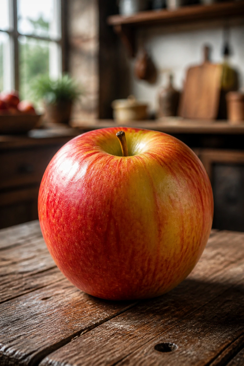 Close-up of a glossy apple on a wooden surface in a cozy Austrian kitchen