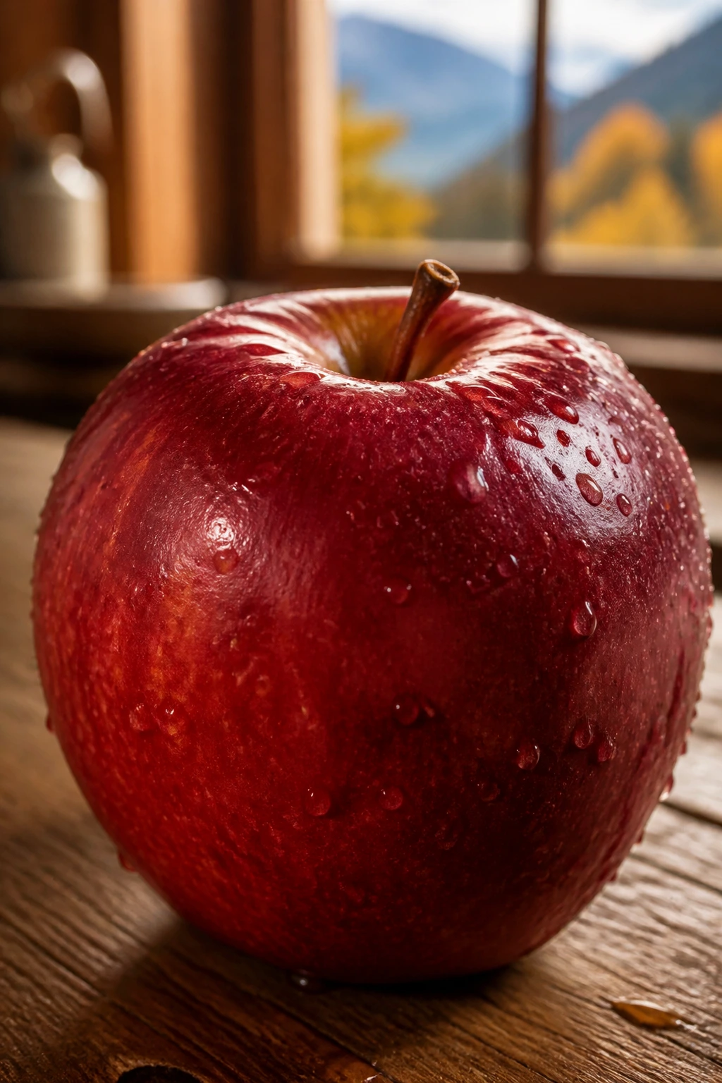 Close-up of a glossy red apple with dew in warm Austrian kitchen light