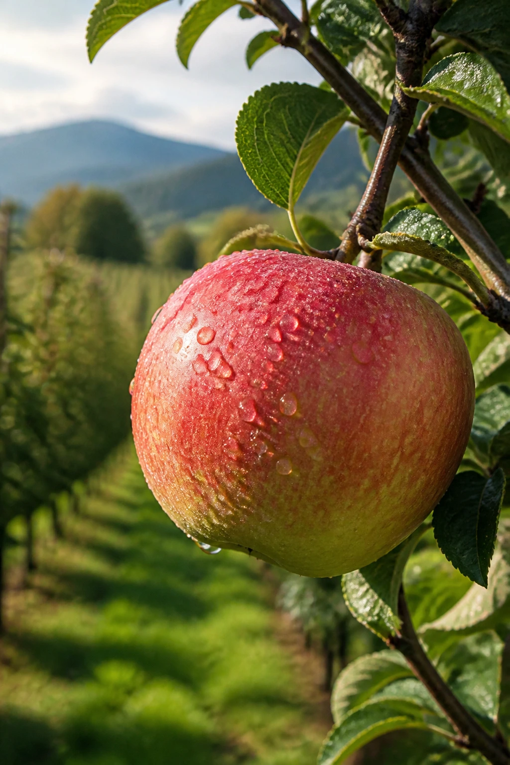 Close-up of an apple on a branch in a sunlit Austrian orchard