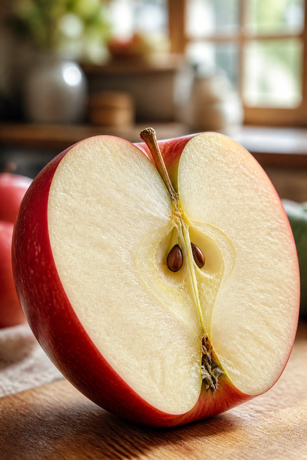 Close-up of a glossy red apple half on a wooden cutting board in warm kitchen light