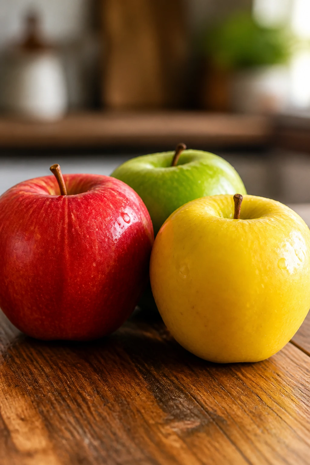 Are Apples Good Before A Workout Or After A Workout? 6 Three glossy apples (red, green, yellow) on a wooden surface