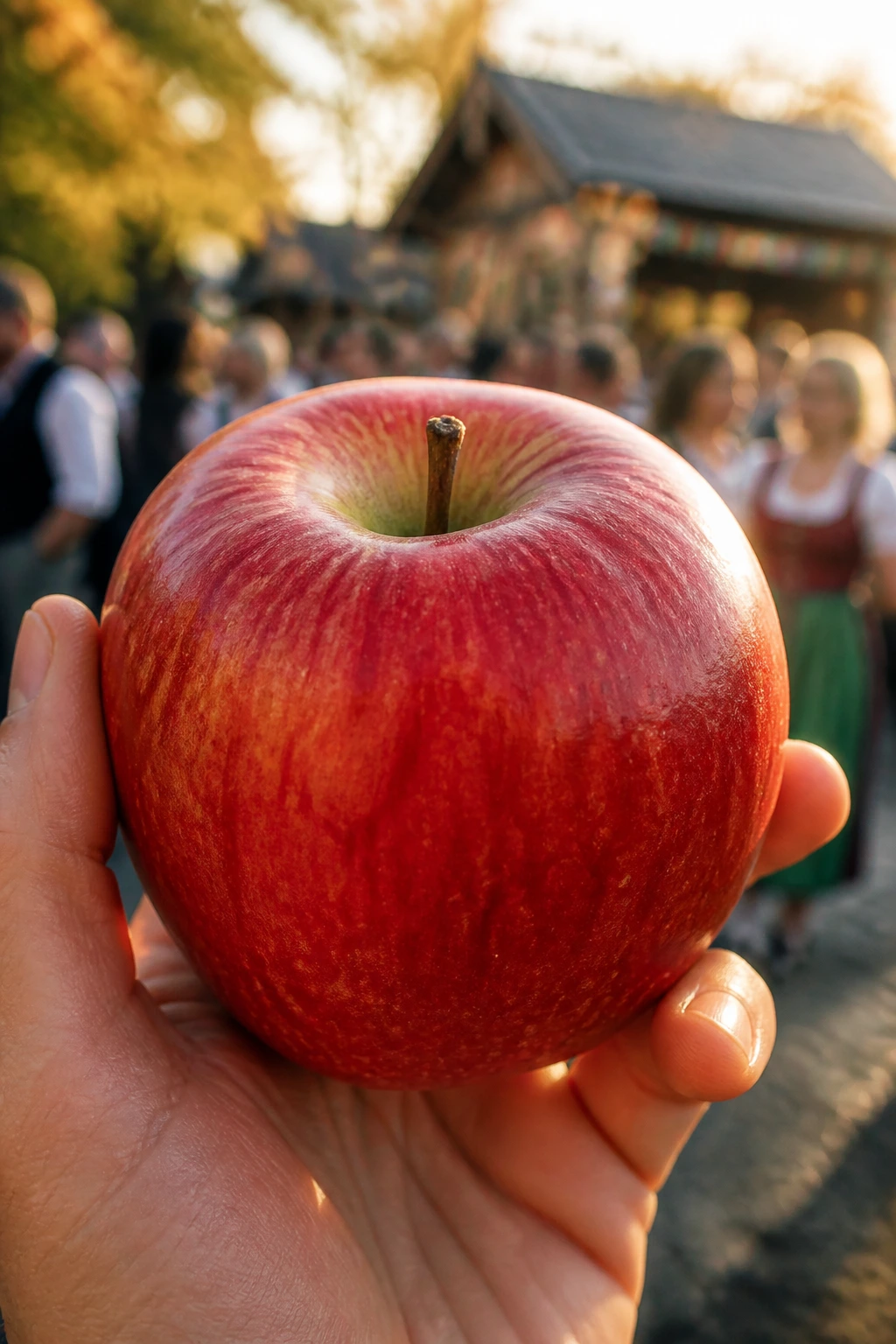 Apple held in hand during autumn festival with blurred crowd in background