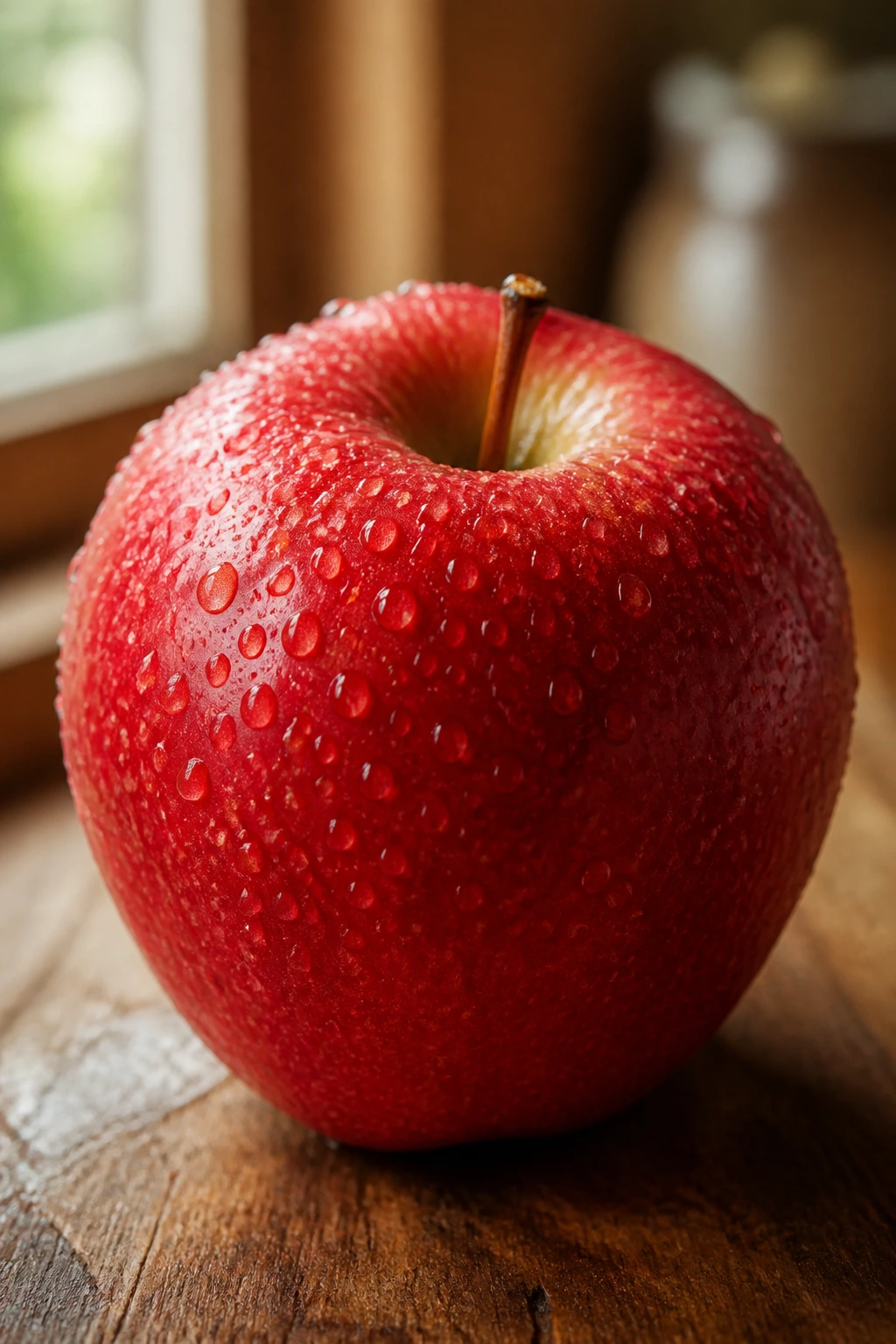 Close-up of a glossy red apple on a wooden kitchen counter showing texture and moisture.
