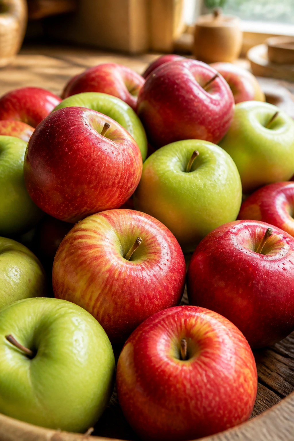 Close-up of red and green apples filling the frame on a rustic wooden kitchen counter