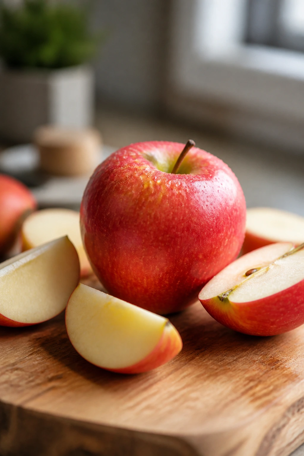 Whole apple with slices arranged around it in a soft kitchen setting