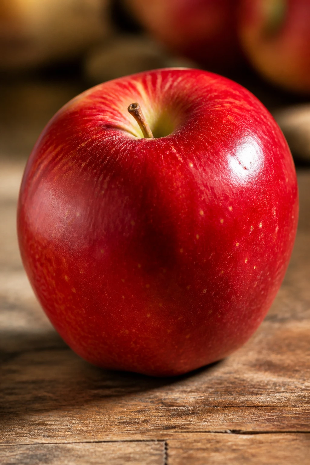 Close-up of a glossy red apple on a wooden kitchen counter