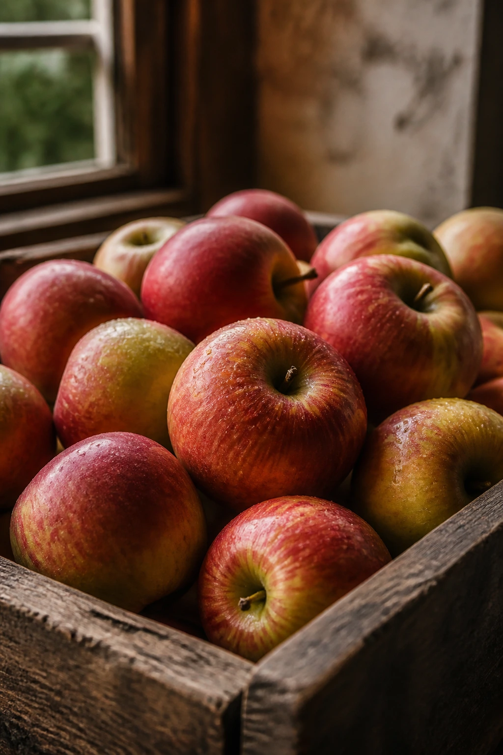Cluster of apples in a wooden crate with warm light.