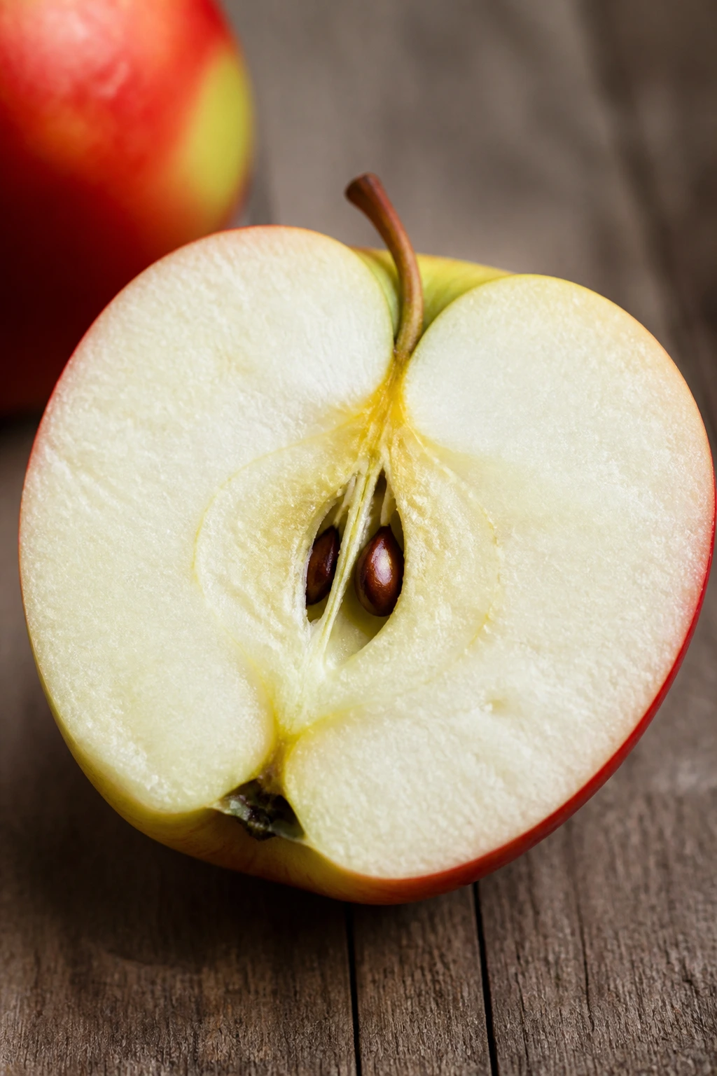 Cross-section of a crisp apple showing flesh and seeds on wood