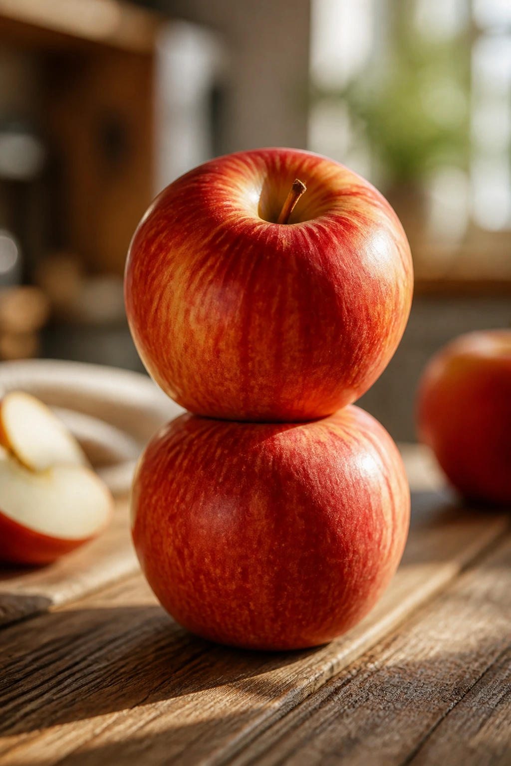 Two fresh apples stacked on a wooden surface in sunlight