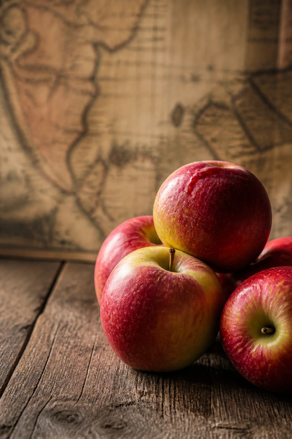Cluster of apples on a rustic table with a vintage map background