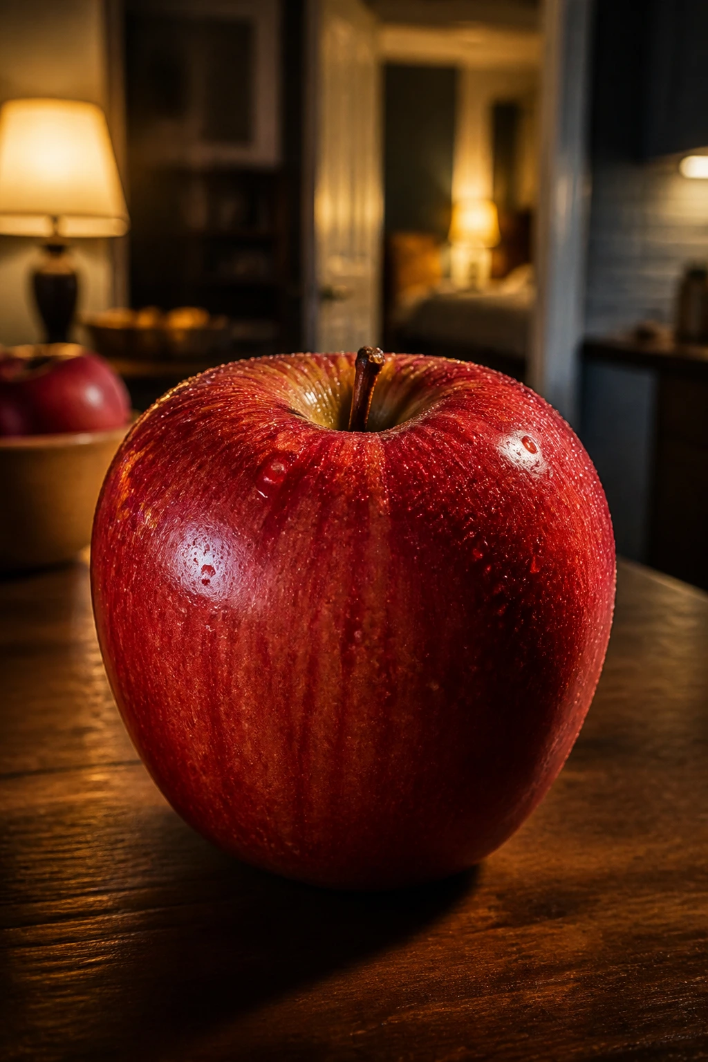 Close-up of a glossy red apple in a cozy nighttime kitchen setting