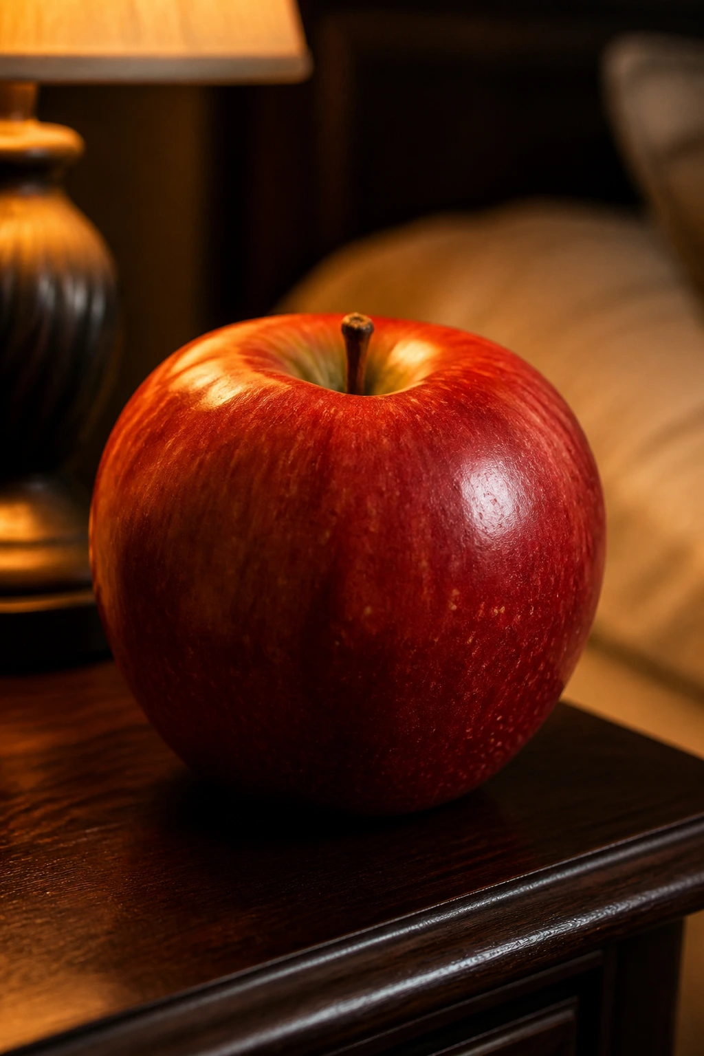 Apple on nightstand under warm lamp light, ideal as a nighttime weight-loss snack.