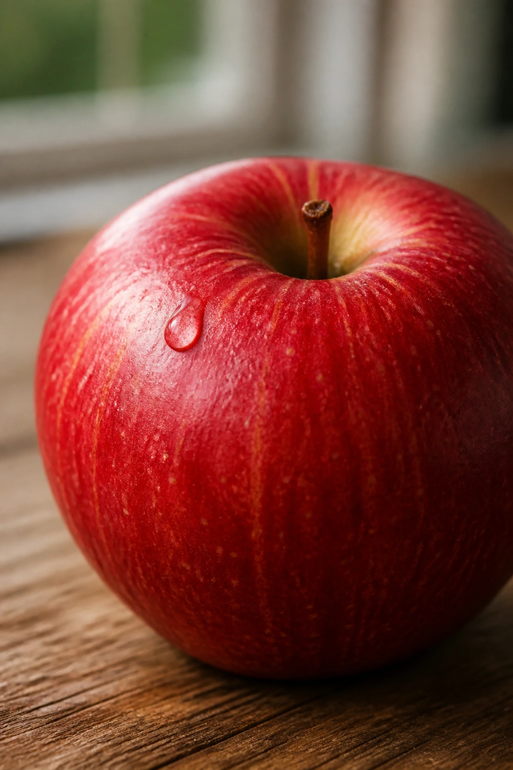 Close-up of a fresh apple with a dew drop on wooden table