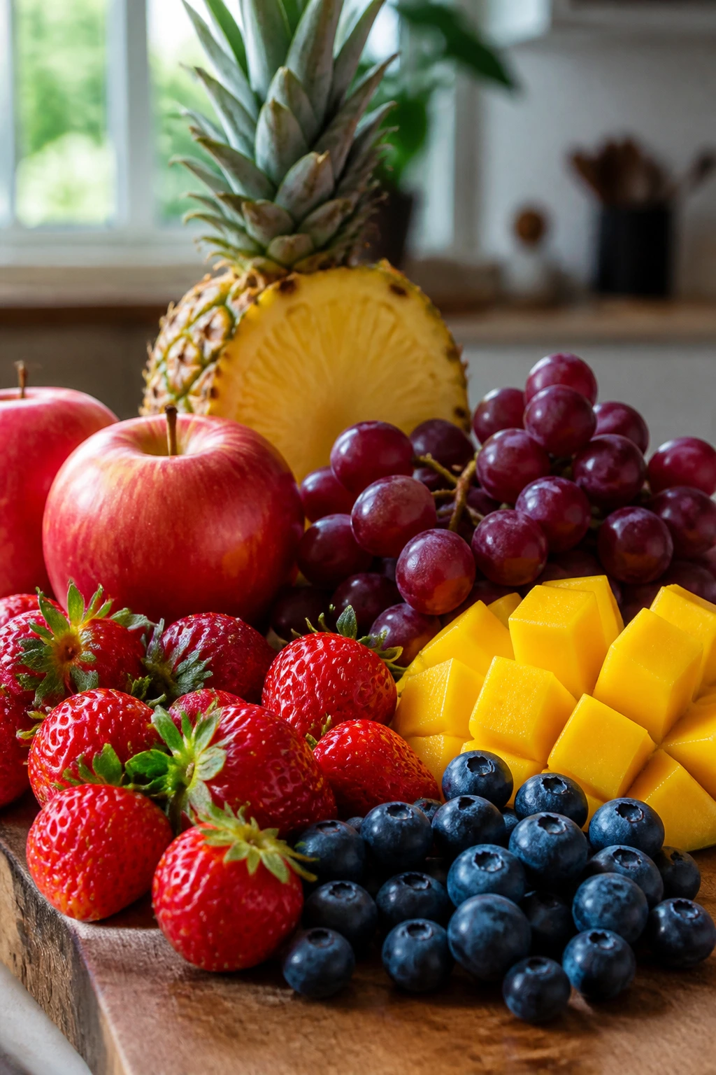 Close-up of a colorful mix of apples, pineapples, grapes, strawberries, blueberries, and mangoes on a wooden cutting board.