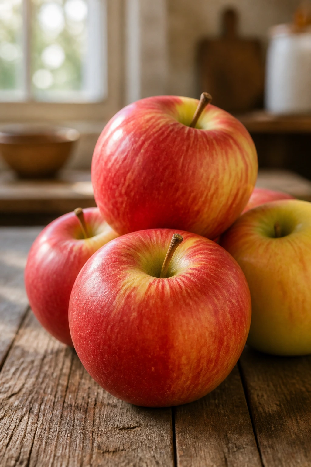 Cluster of apples on rustic wooden table in natural light