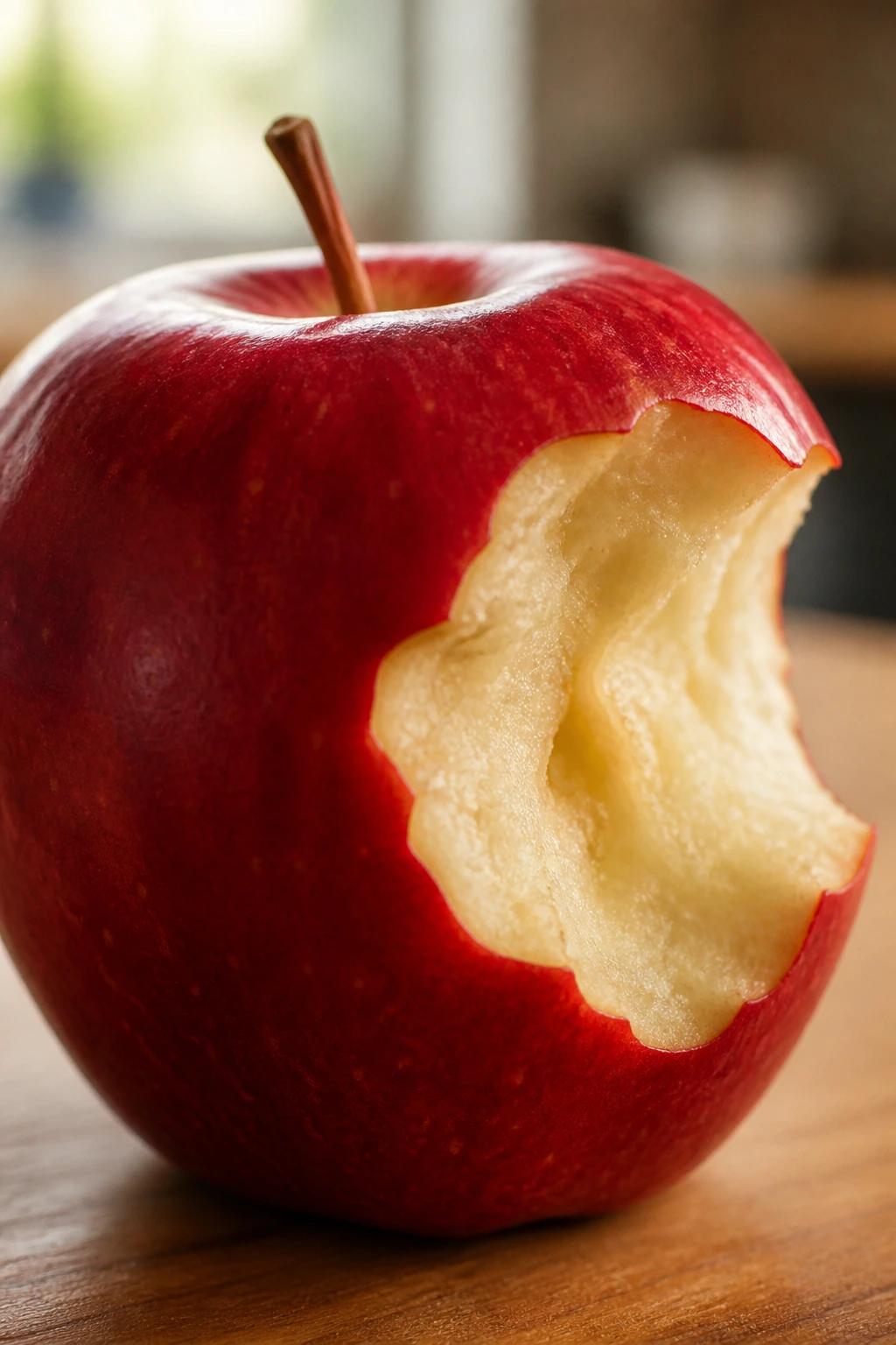 Close-up of a bitten red apple on a warm kitchen surface