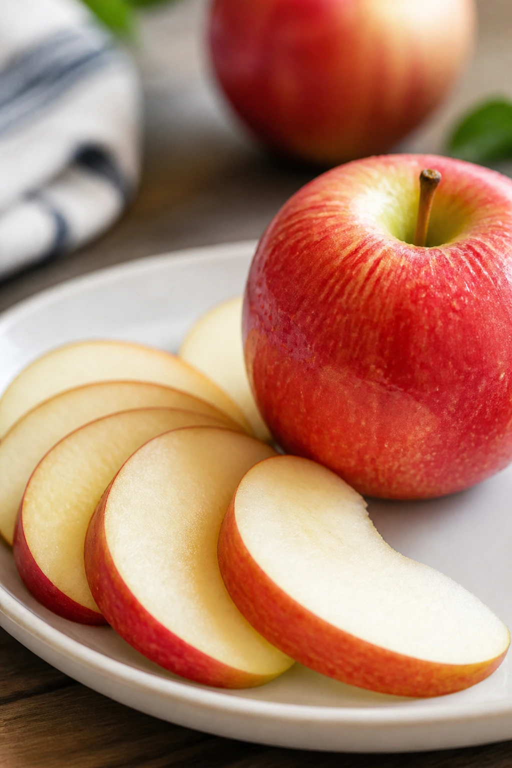 Plate with whole apple and apple slices, illustrating different ways to enjoy apples.