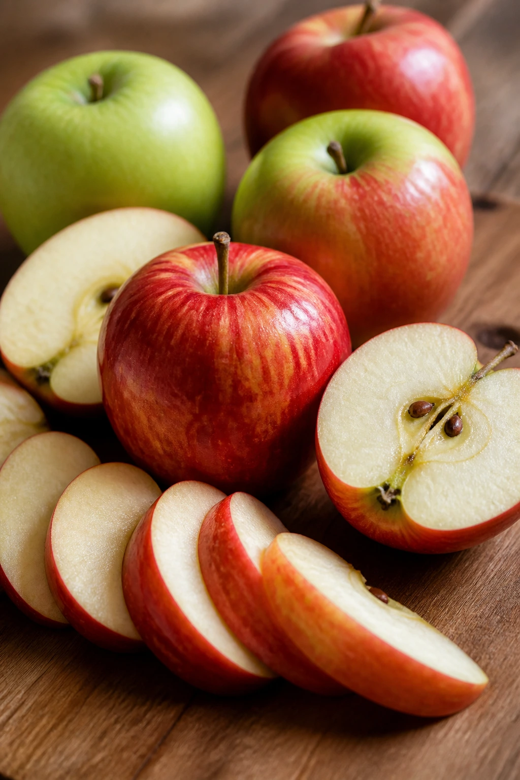 Group of apples and apple slices arranged on wood surface, showcasing versatile apple options.