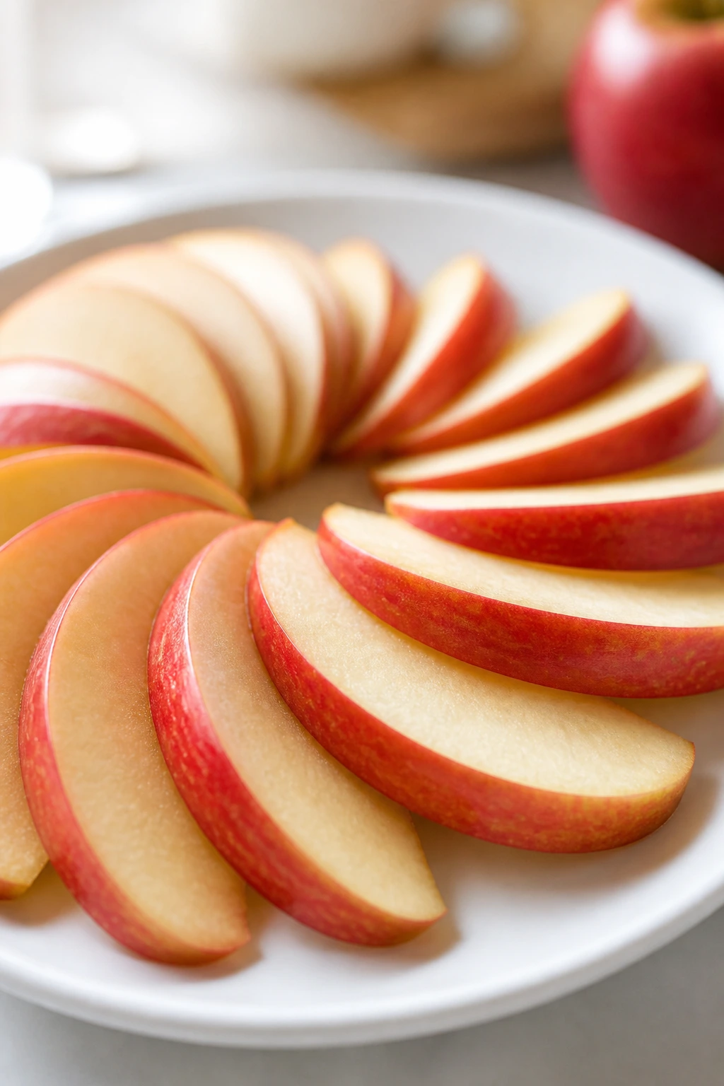 Are Apples Good Before A Workout Or After A Workout? 8 Sliced apple arranged in a fan on a plate under bright kitchen light