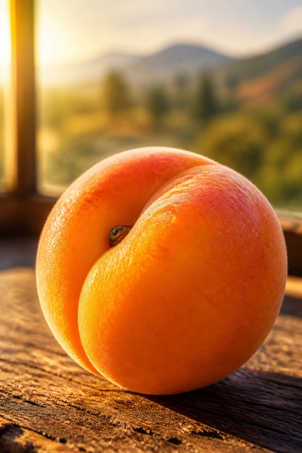 Close-up of a ripe apricot on a rustic wooden table with warm light