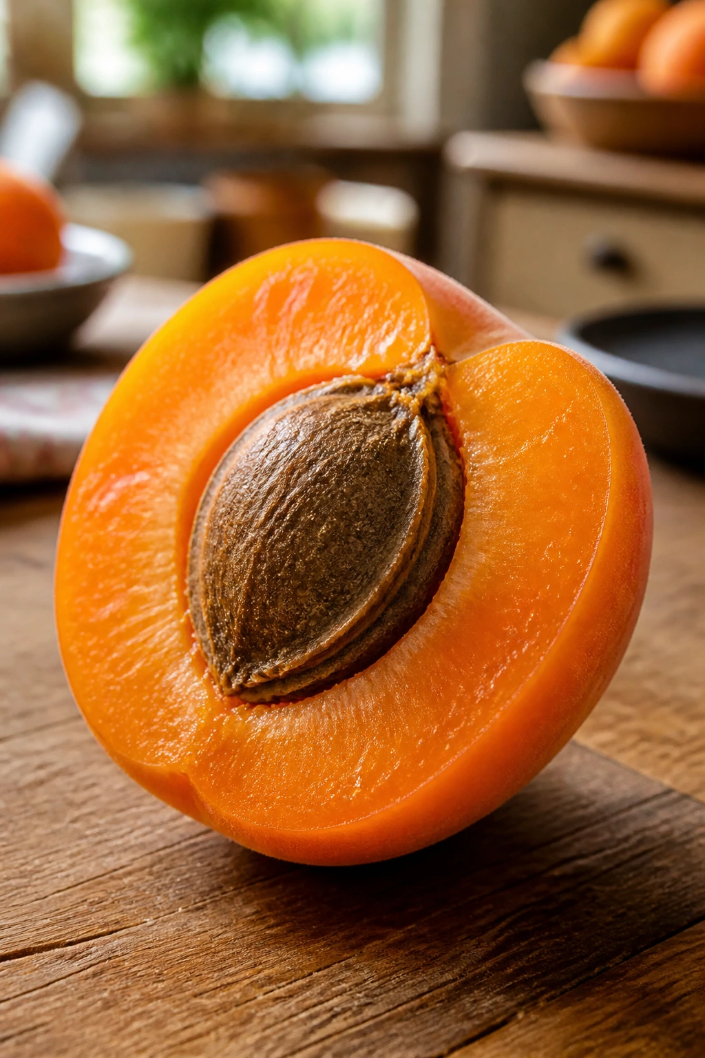 Close-up of apricot half with bright orange flesh on wooden table