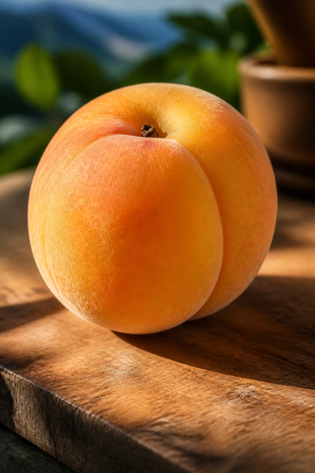 Apricot on cutting board with warm sunlight