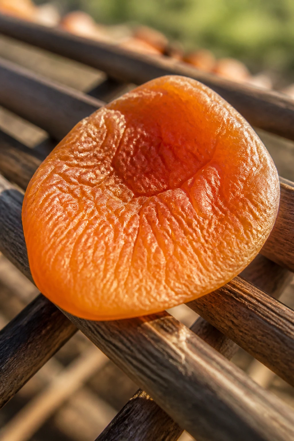 Single apricot slice on drying rack in sun