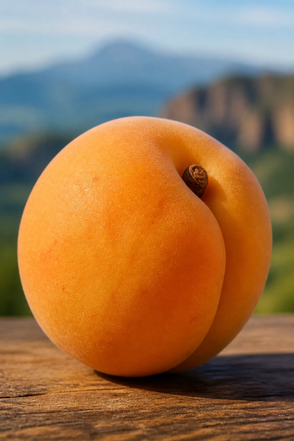 Apricot on wood with blurred Armenia landscape