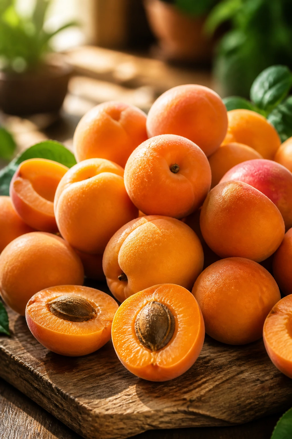 Cluster of apricots on wood under natural light